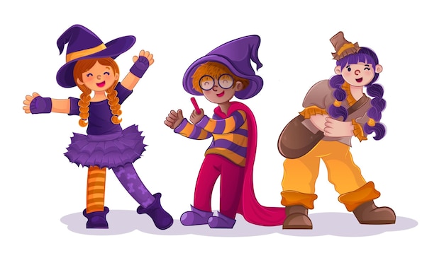 Cute kids illustration set cosplay wizard trick or treat party halloween character