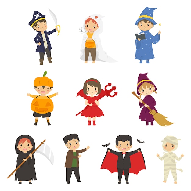 Вектор Милые дети в костюмах хэллоуина. набор символов хэллоуина