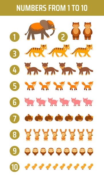 Вектор Милый детский математический плакат со слоном, тигром, медведем, собакой, ежиком, кроликом, свиньей, куриной совой
