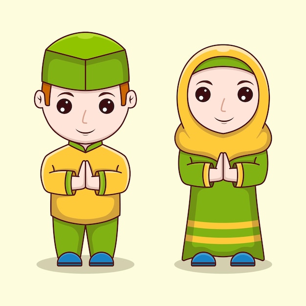 Bambini carini musulmani che celebrano ied mubarak ragazza e ragazzo musulmano illustrazione vettoriale