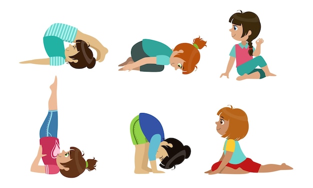 Cute Kids Performing Yoga Exercises Set Physical Activity and Healthy Lifestyle Vector Illustration