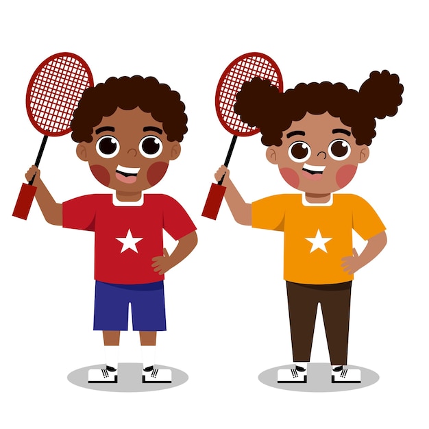 Vector cute kids playing badminton cartoon character illustration