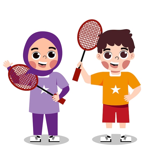 Vector cute kids playing badminton cartoon character illustration