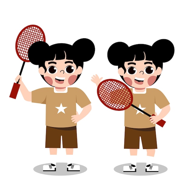 Vector cute kids playing badminton cartoon character illustration