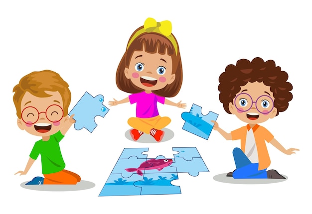 Jigsaw puzzle game with kids walking in park Vector Image