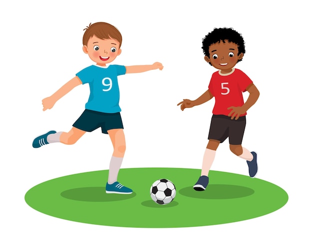 cute kids playing soccer football together in the field