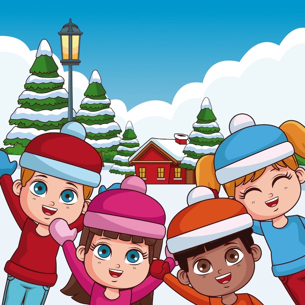 Cute kids playing in winter cartoons 