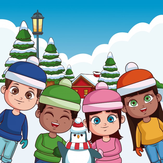 Cute kids playing in winter cartoons 