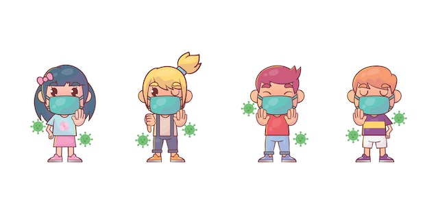 Cute kids protected from the virus cartoon