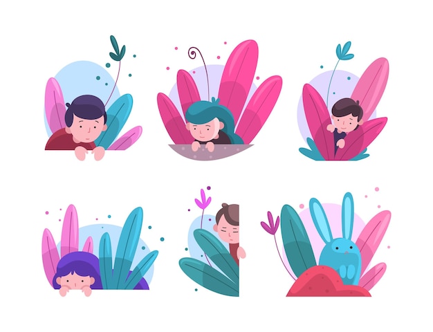 cute kids and rabbit peeking out from bushes set lovely kids hiding in dense grass cartoon vector illustration