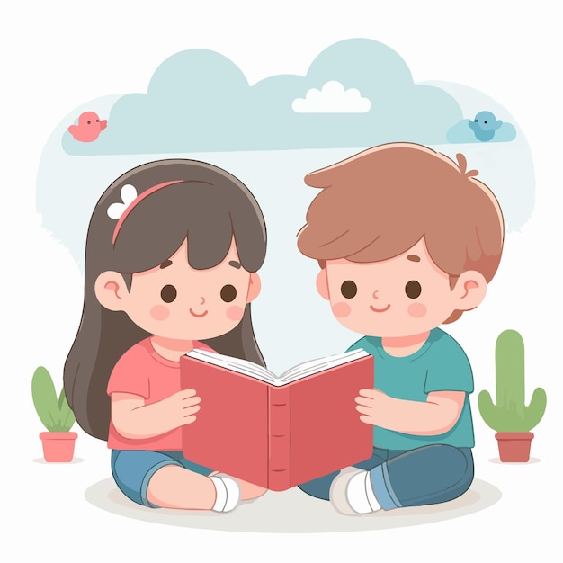 cute kids reading a book together in a flat design illustration