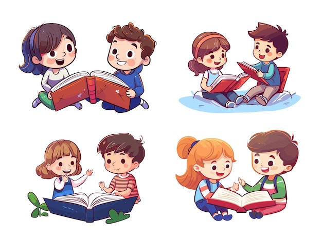 Cute kids reading books Cute cartoon kids reading books