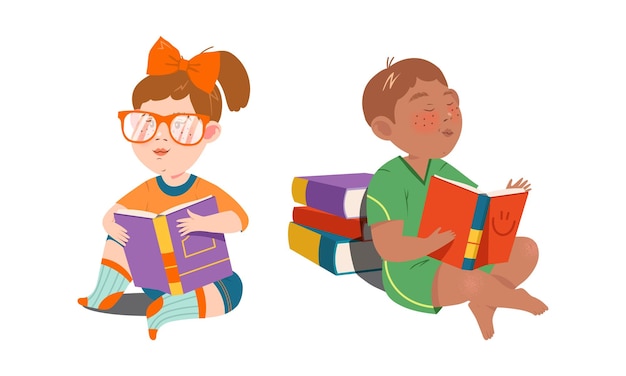 cute kids reading books set preschool activities and childhood education cartoon vector illustration