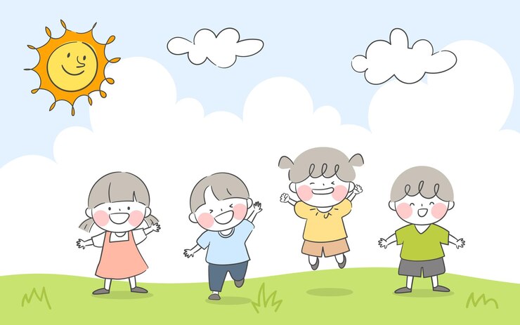 Vector 사랑스러운 아이 들 이 만화 스타일 로 빛 들판 에서 뛰고 놀고 있다