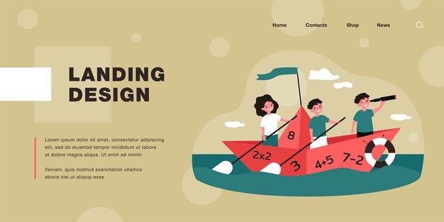 Vector cute kids sailing on boat with numbers. math, study, sea flat vector illustration. education and exploration concept for banner, website design or landing web page