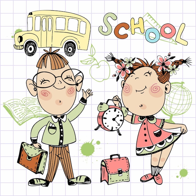 Милые дети школьники с воздушными шарами и портфелем идут в школу обратно в школу школьный автобус вектор