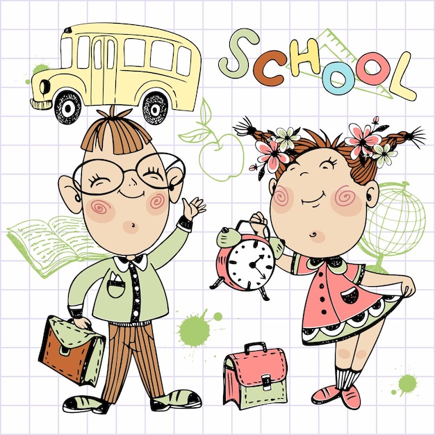 Cute kids school children with balloons and briefcase go to school Back to school School bus Vector