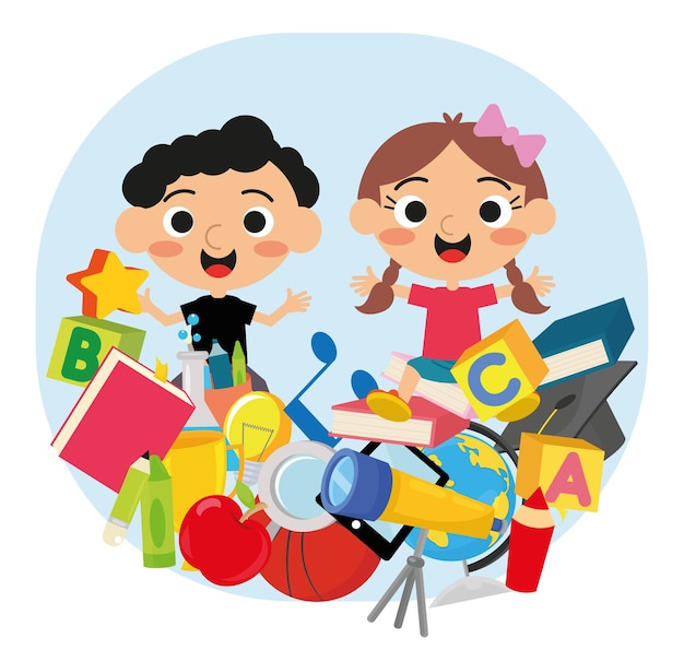 Cute kids and school objects flying with books