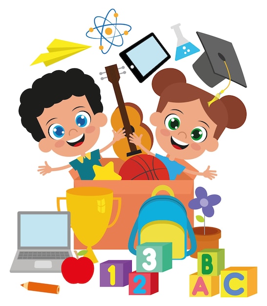 Vector cute kids and school objects in kutu