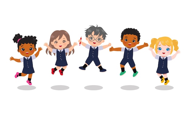 Ragazzi carini in uniforme scolastica che saltano insieme. clipart educativi. cartone animato isolato