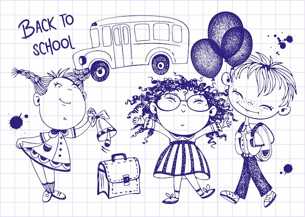 Vector cute kids schoolchildren with balloons and briefcase go to school back to school school bus drawing with a pen on a sheet of a notebook vector