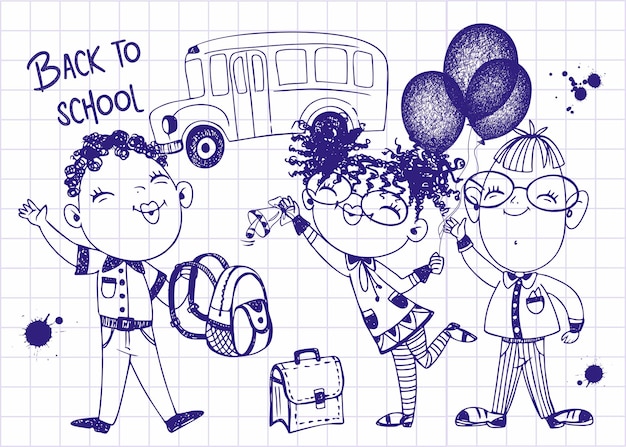 Cute kids schoolchildren with balloons and briefcase go to school Back to school School bus Drawing with a pen on a sheet of a notebook Vector