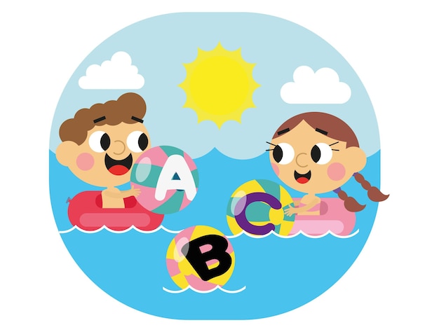 Vector cute kids at sea and  abc  letters