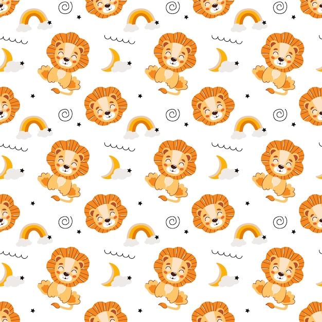 Cute kids seamless animal pattern Lion cub pattern in the clouds Print on fabric paper and design Vector illustration