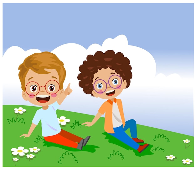 Vector cute kids sitting in greenery