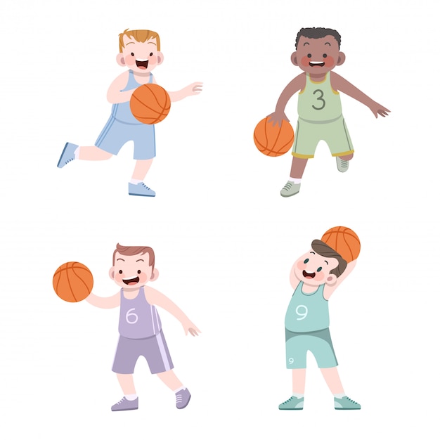 Cute kids sport basketball illustration set