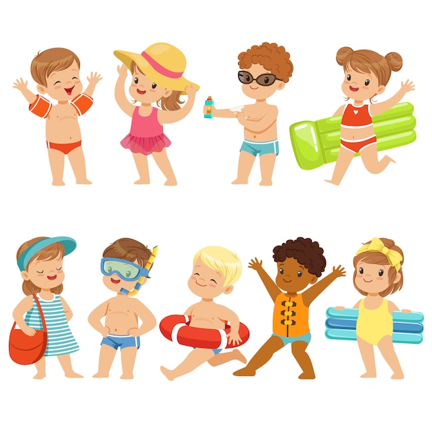 Vector cute kids toons are having fun on the beach