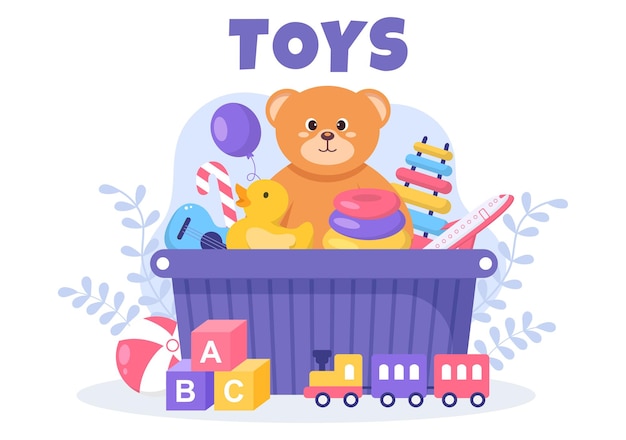 Вектор Симпатичная детская коробка с игрушками, полная в детском саду в плоском мультяшном стиле, иллюстрация для развлечения и игр