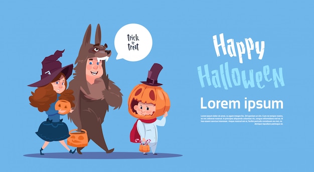 Cute kids wear monsters costume, happy halloween banner party celebration concept