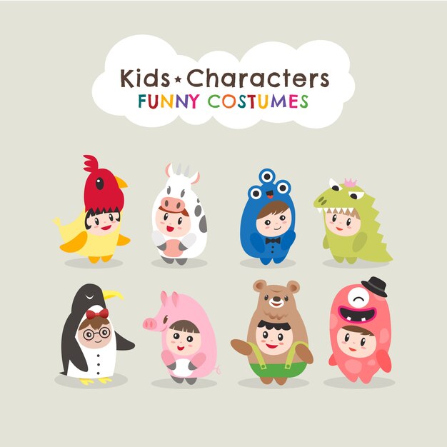 Vector cute kids wearing animal costumes
