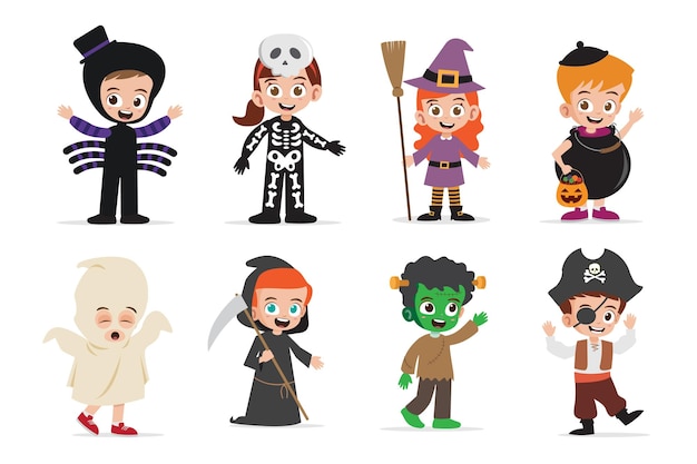 Vector cute kids wearing halloween costumes vector illustration