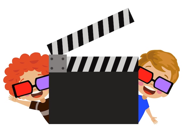 Vector cute kids with cinema clapperboard cinema glasses