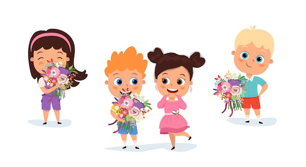 Cute kids with flowers in a flat style