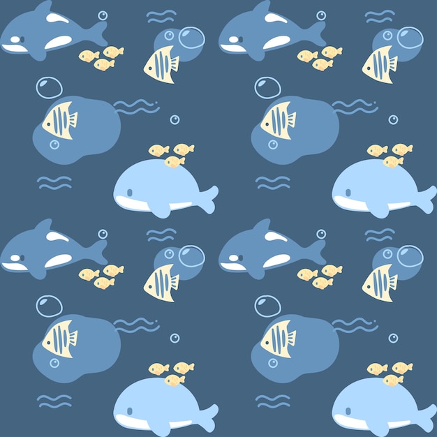 Cute Killer Whale and Blue Whale Cartoon Seamless Pattern