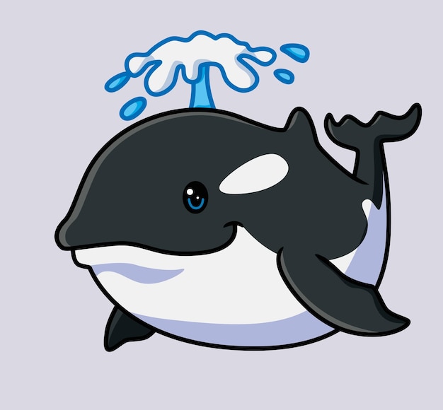 귀여운 범고래 스프레이 물 절연 만화 동물 그림 평면 스타일 스티커 아이콘