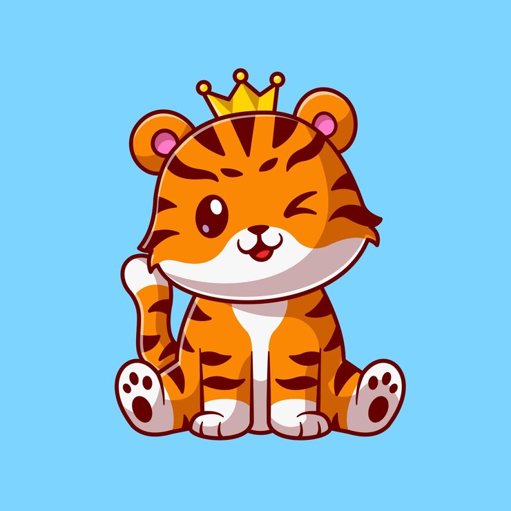 Вектор милый король кошка тигр сидит мультфильм вектор значок иллюстрации. концепция животного природы значок изолированные premium векторы. плоский мультяшном стиле