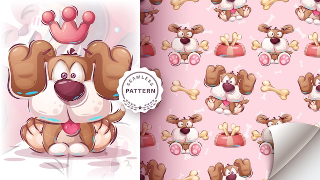 Cute king dog - seamless pattern. Vector eps 10