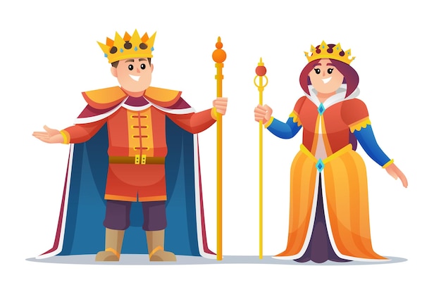 Vector cute king and queen cartoon character set