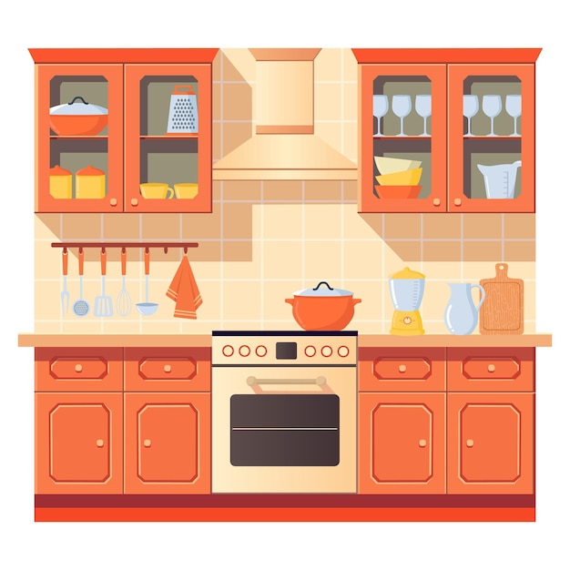 cute kitchen interior in flat style all objects are repainted