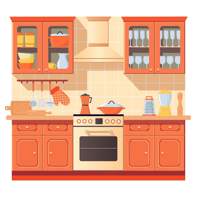 Cute kitchen interior in flat style All Objects Are Repainted