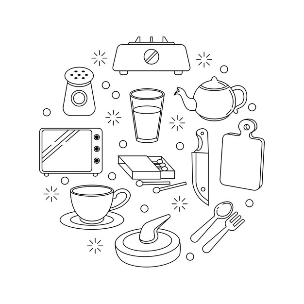 Cute kitchen utensils doodle sticker set vector