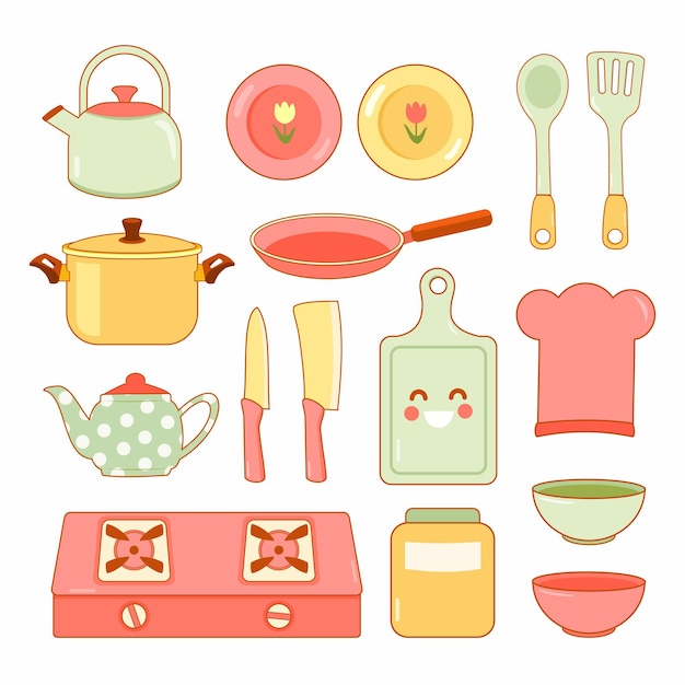 Vector cute kitchenware and cookware set stuff vector illustration pastel