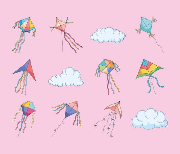 Cute kites and clouds set