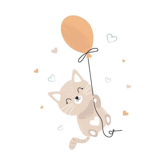 Cute kitten on a balloon Children's illustration for posters prints cards on a white background