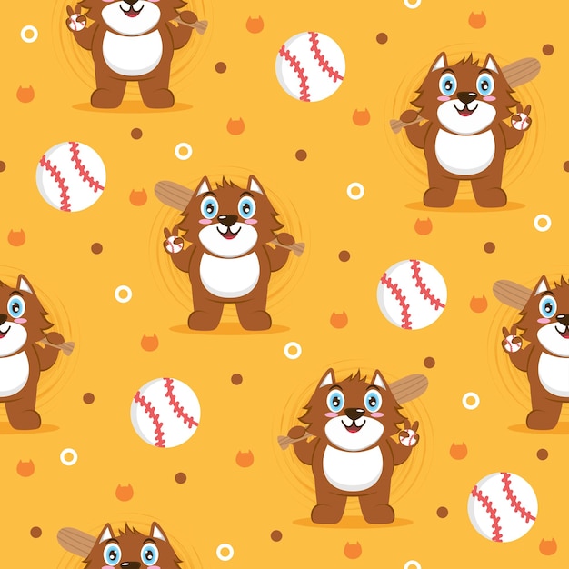 Cute kitten baseball cartoon trendy pattern background concepts.