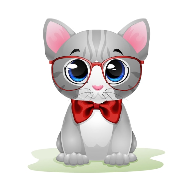 Cartone animato carino gattino in occhiali rossi e fiocco